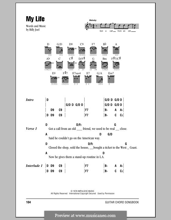 My Life: Lyrics and chords (with chord boxes) by Billy Joel