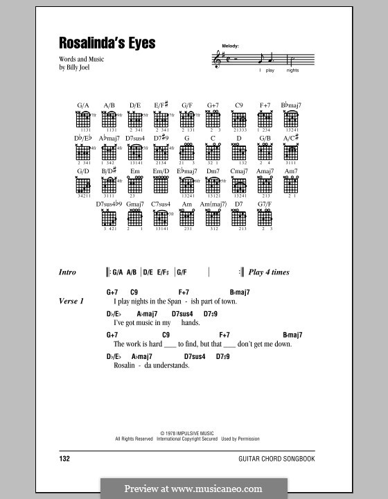 Rosalinda's Eyes: Lyrics and chords (with chord boxes) by Billy Joel