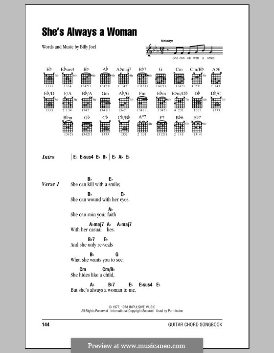She's Always a Woman: Lyrics and chords (with chord boxes) by Billy Joel