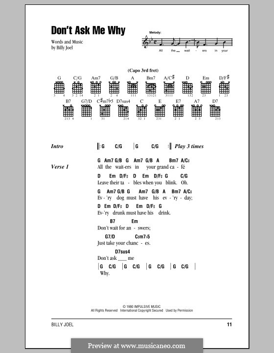 Don't Ask Me Why: Lyrics and chords (with chord boxes) by Billy Joel
