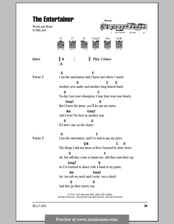 The Entertainer: Lyrics and chords (with chord boxes) by Billy Joel