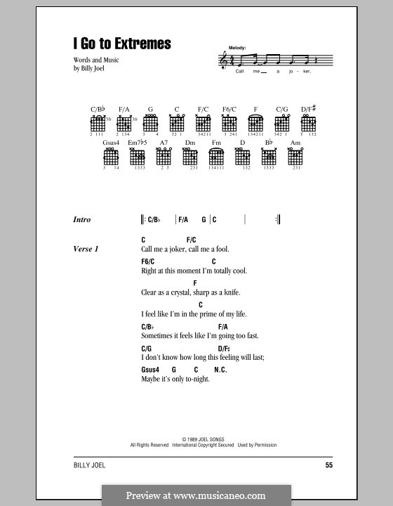 I Go To Extremes: Lyrics and chords (with chord boxes) by Billy Joel