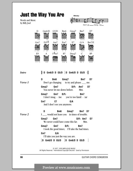 Just The Way You Are: Lyrics and chords (with chord boxes) by Billy Joel