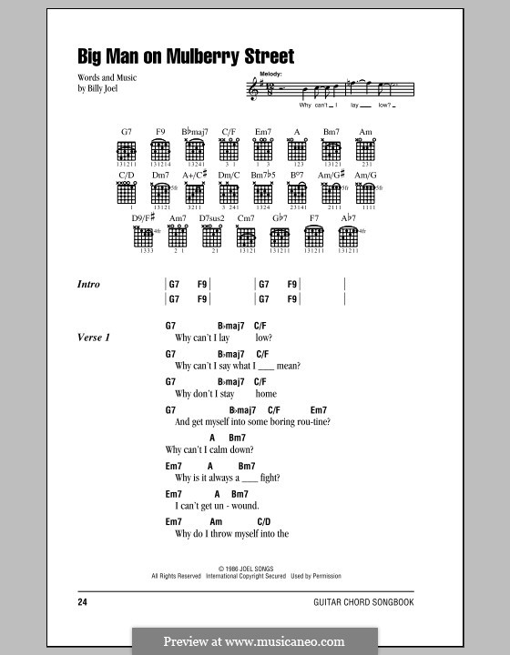 Big Man on Mulberry Street: Lyrics and chords (with chord boxes) by Billy Joel