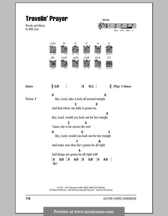 Travelin' Prayer: Lyrics and chords (with chord boxes) by Billy Joel