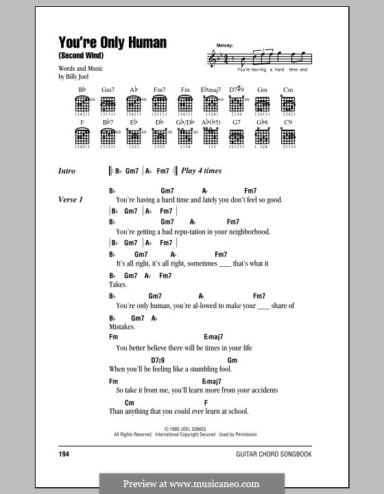 You're Only Human (Second Wind): Lyrics and chords (with chord boxes) by Billy Joel