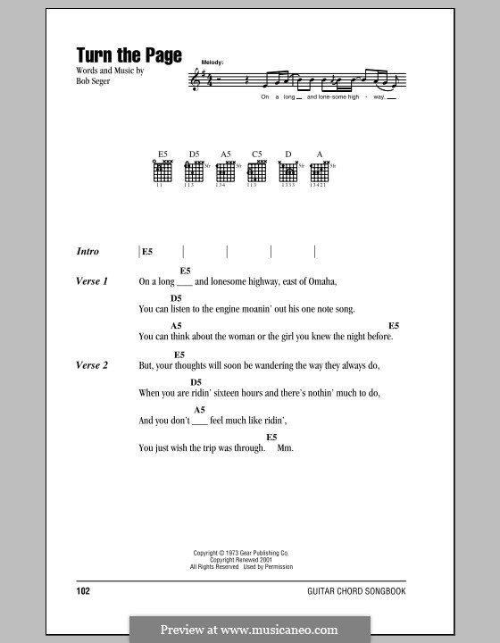 Turn the Page: Lyrics and chords (with chord boxes) by Bob Seger