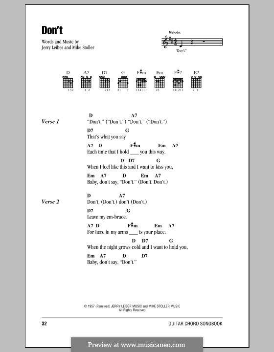 Don't (Elvis Presley): Lyrics and chords (with chord boxes) by Jerry Leiber, Mike Stoller