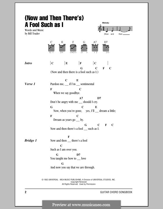(Now and Then There's) A Fool Such as I (Elvis Presley): Lyrics and chords (with chord boxes) by Bill Trader