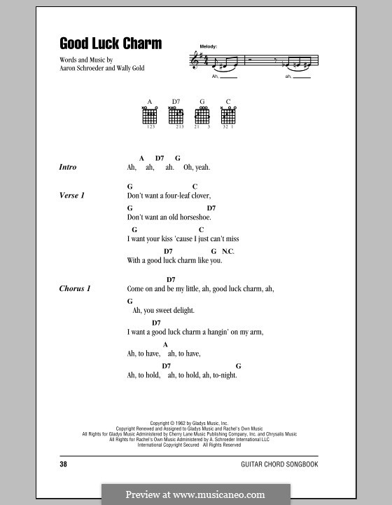 Good Luck Charm (Elvis Presley): Lyrics and chords (with chord boxes) by Aaron Schroeder, Wally Gold