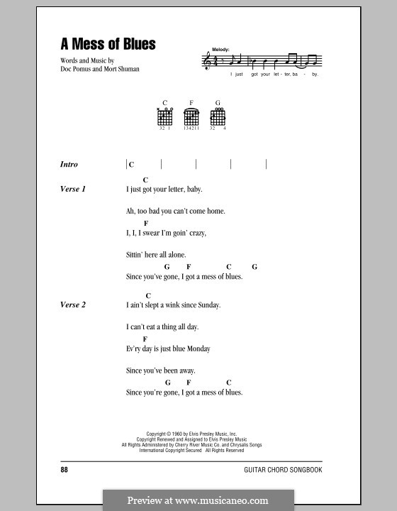 A Mess of Blues (Elvis Presley): Lyrics and chords (with chord boxes) by Doc Pomus, Mort Shuman