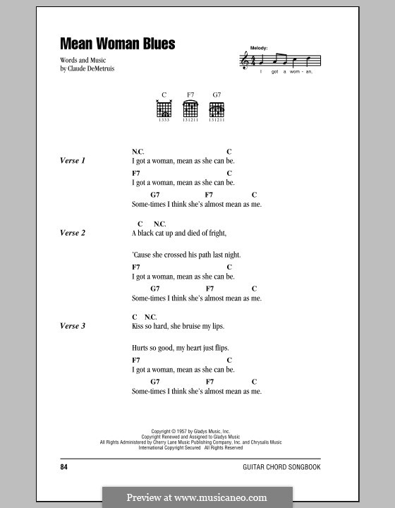 Mean Woman Blues (Elvis Presley): Lyrics and chords (with chord boxes) by Claude DeMetrius