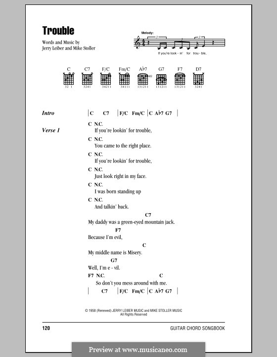 Trouble (Elvis Presley): Lyrics and chords (with chord boxes) by Jerry Leiber, Mike Stoller