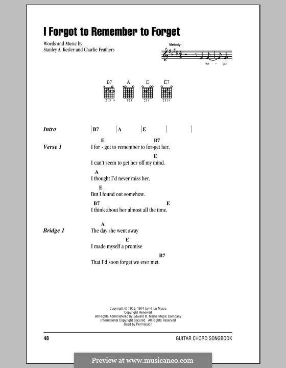 I Forgot to Remember to Forget (Elvis Presley): Lyrics and chords (with chord boxes) by Charlie Feathers, Stanley A. Kesler