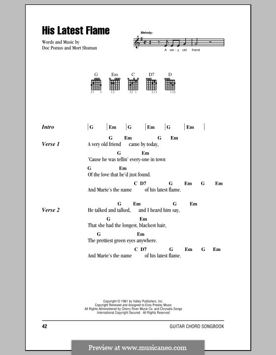 (Marie's the Name) His Latest Flame (Elvis Presley): Lyrics and chords (with chord boxes) by Doc Pomus, Mort Shuman