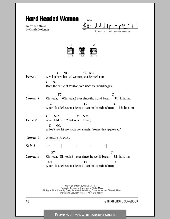 Hard Headed Woman (Elvis Presley): Lyrics and chords (with chord boxes) by Claude DeMetrius