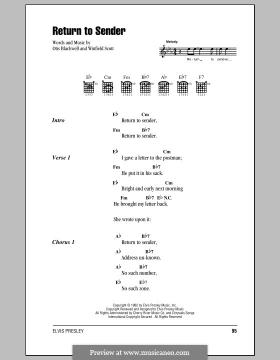 Return to Sender (Elvis Presley): Lyrics and chords (with chord boxes) by Otis Blackwell, Winfield Scott