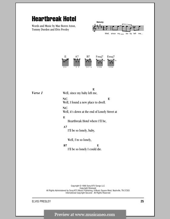 Heartbreak Hotel (Elvis Presley): Lyrics and chords (with chord boxes) by Mae Boren Axton, Tommy Durden