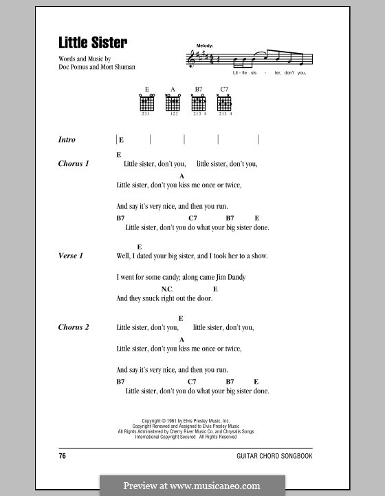Little Sister (Elvis Presley): Lyrics and chords (with chord boxes) by Doc Pomus, Mort Shuman