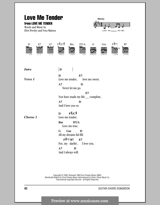 Love Me Tender (Piano-vocal version): Lyrics and chords (with chord boxes) ...