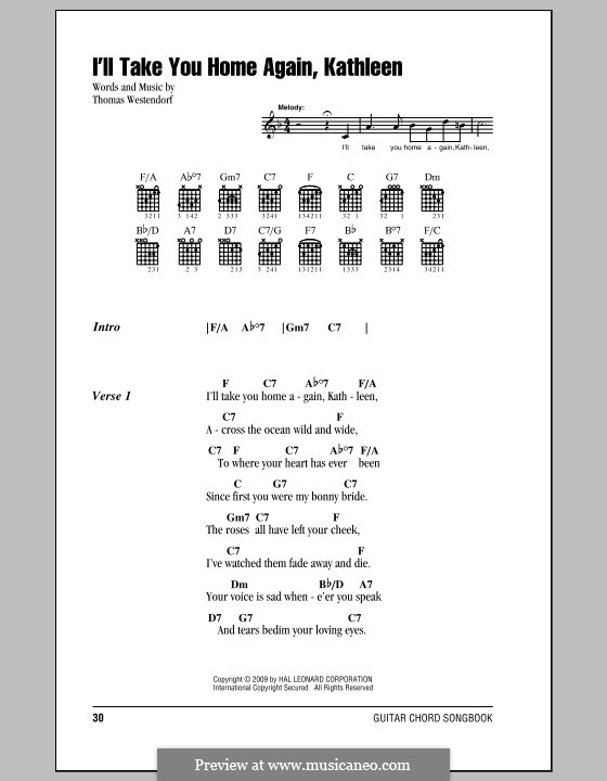 I'll Take You Home Again, Kathleen: Lyrics and chords (with chord boxes) by Thomas Payne Westendorf