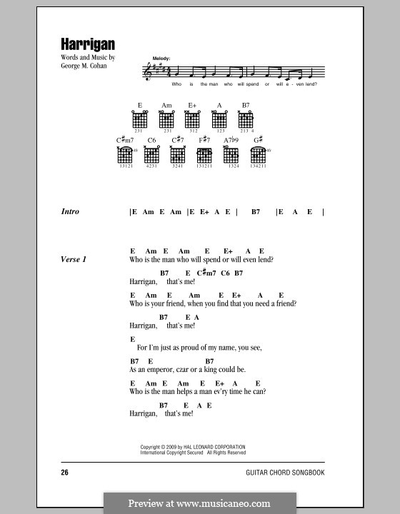 Harrigan: Lyrics and chords (with chord boxes) by George Michael Cohan