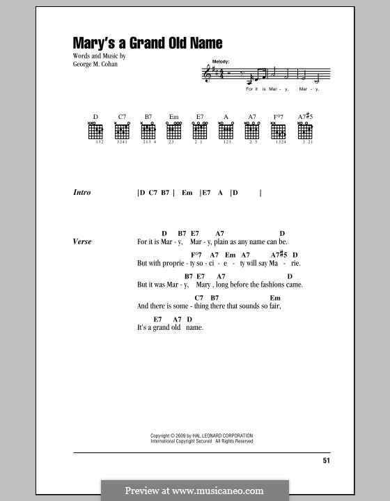 Mary's a Grand Old Name: Lyrics and chords (with chord boxes) by George Michael Cohan