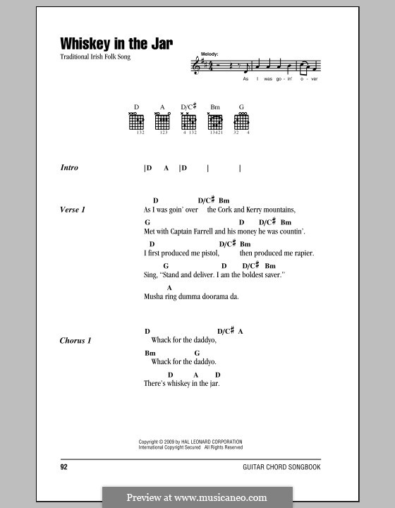 Whiskey in the Jar: Lyrics and chords (with chord boxes) by folklore