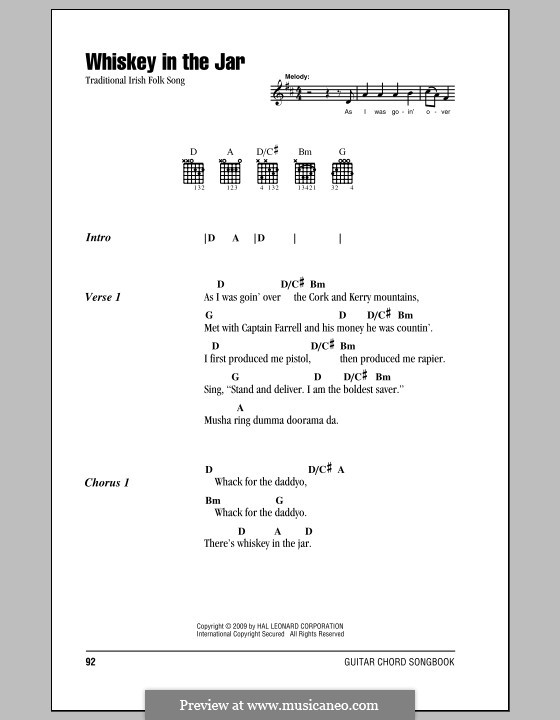 Whiskey in the Jar: Lyrics and chords (with chord boxes) by folklore