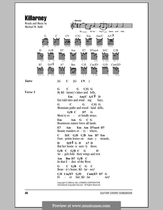 Killarney: Lyrics and chords (with chord boxes) by Michael William Balfe