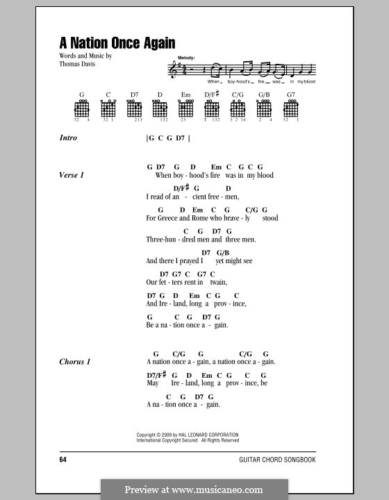 A Nation Once Again: Lyrics and chords (with chord boxes) by Thomas Davis