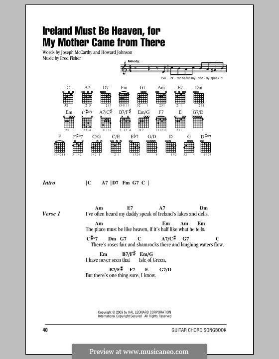 Ireland Must Be Heaven, for My Mother Came from There: Lyrics and chords (with chord boxes) by Howard E. Johnson, Fred Fisher