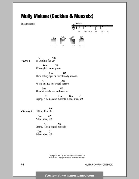 Molly Malone (Cockles and Mussels): Lyrics and chords (with chord boxes) by folklore