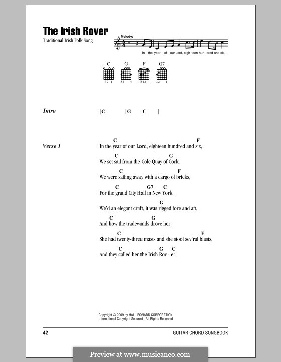 The Irish Rover: Lyrics and chords (with chord boxes) by folklore