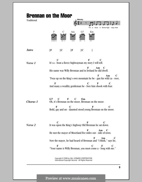 Brennan on the Moor: Lyrics and chords (with chord boxes) by folklore