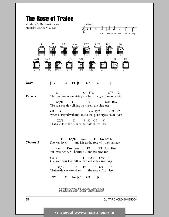 The Rose of Tralee: Lyrics and chords (with chord boxes) by Charles William Glover