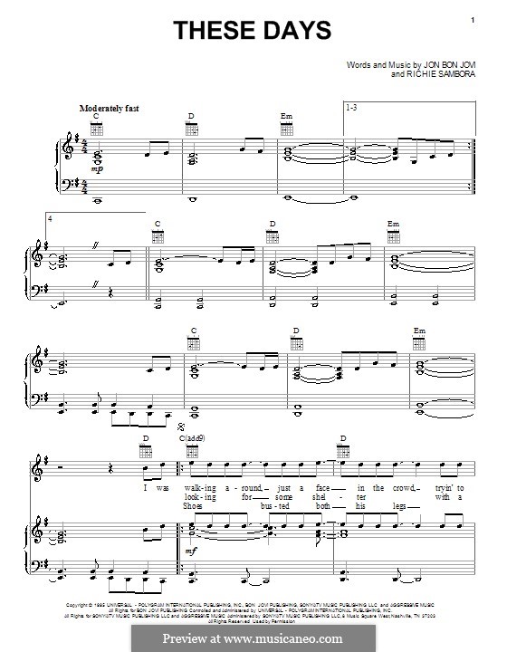 These Days (Bon Jovi): For voice and piano (or guitar) by Jon Bon Jovi, Richie Sambora