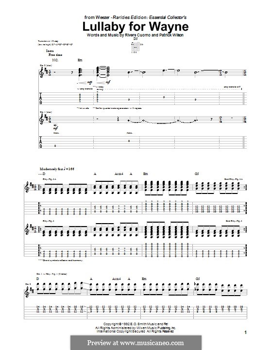 Lullaby for Wayne (Weezer): For guitar with tab by Patrick Wilson, Rivers Cuomo