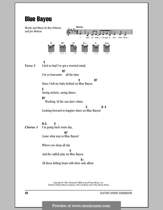 Blue Bayou (Linda Ronstadt): Lyrics and chords (with chord boxes) by Joe Melson