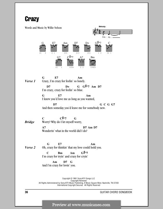 Crazy (Patsy Cline): Lyrics and chords (with chord boxes) by Willie Nelson