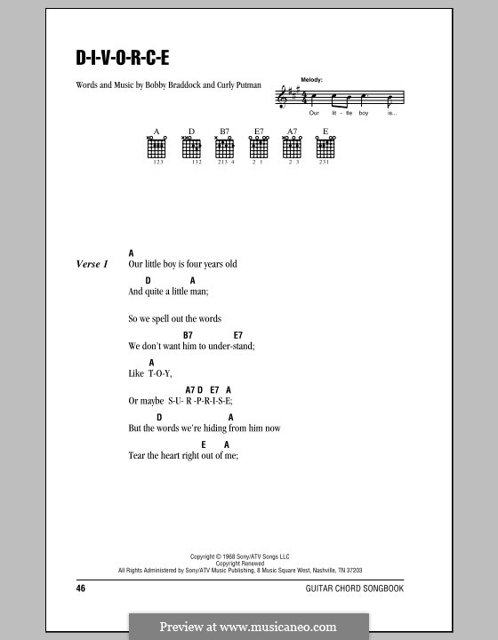 D-I-V-O-R-C-E (Tammy Wynette): Lyrics and chords (with chord boxes) by Bobby Braddock, Curly Putman