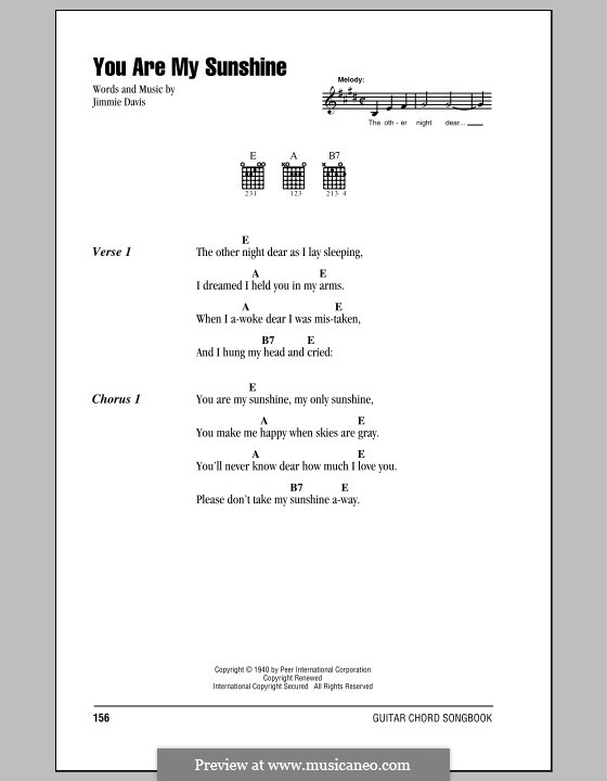 You are My Sunshine: Lyrics and chords (with chord boxes) by Jimmie Davis