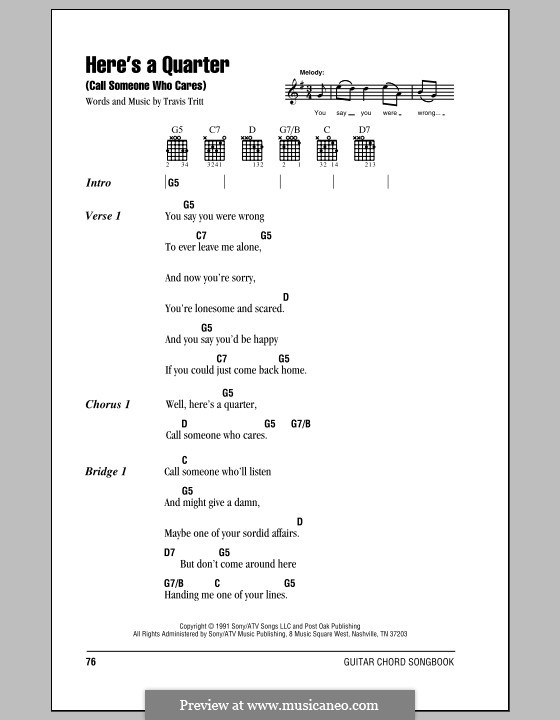 Here's a Quarter (Call Someone Who Cares): Lyrics and chords (with chord boxes) by Travis Tritt