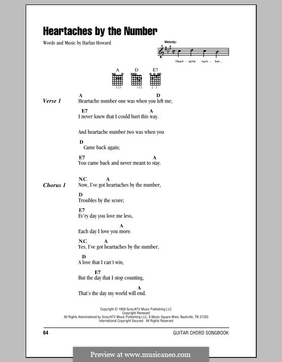 Heartaches By the Number: Lyrics and chords (with chord boxes) by Harlan Howard