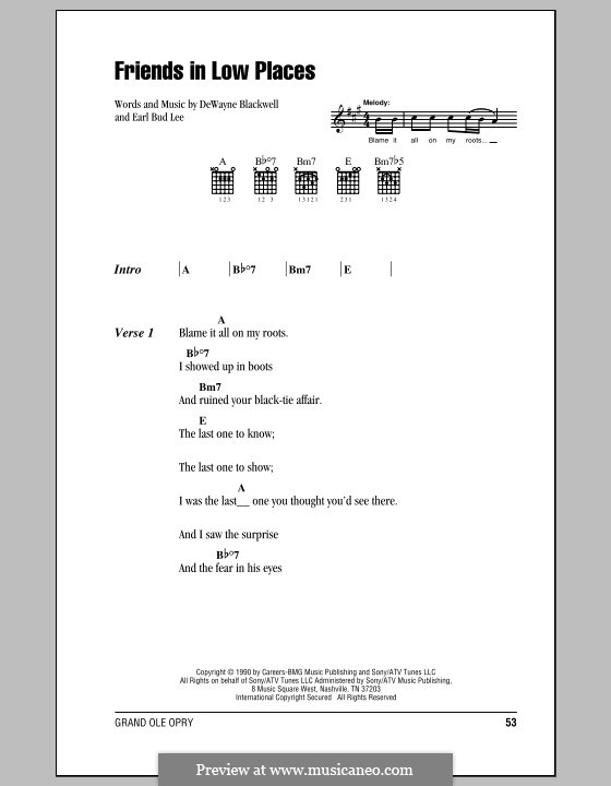 Friends in Low Places (Garth Brooks): Lyrics and chords (with chord boxes) by Dewayne Blackwell, Earl Bud Lee