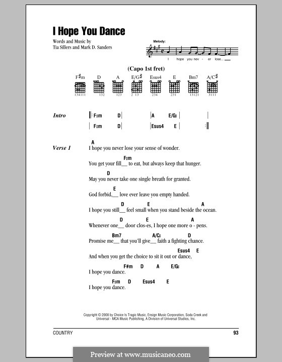 I Hope You Dance (Lee Ann Womack): Lyrics and chords (with chord boxes) by Mark D. Sanders, Tia Sillers