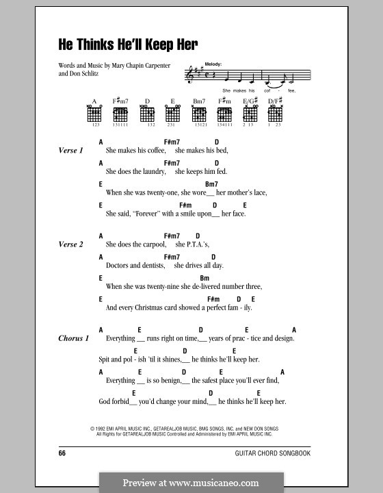 He Thinks He'll Keep Her: Lyrics and chords (with chord boxes) by Don Schlitz, Mary Chapin Carpenter