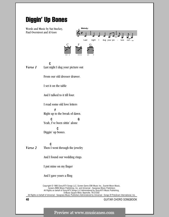 Diggin' Up Bones (Randy Travis): Lyrics and chords (with chord boxes) by Al Gore, Nat Stuckey, Paul Overstreet