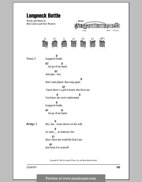 Longneck Bottle (Garth Brooks): Lyrics and chords (with chord boxes) by Rick Carnes, Steve Wariner