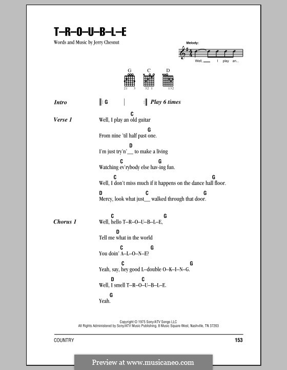 T-R-O-U-B-L-E (Elvis Presley): Lyrics and chords (with chord boxes) by Jerry Chesnut